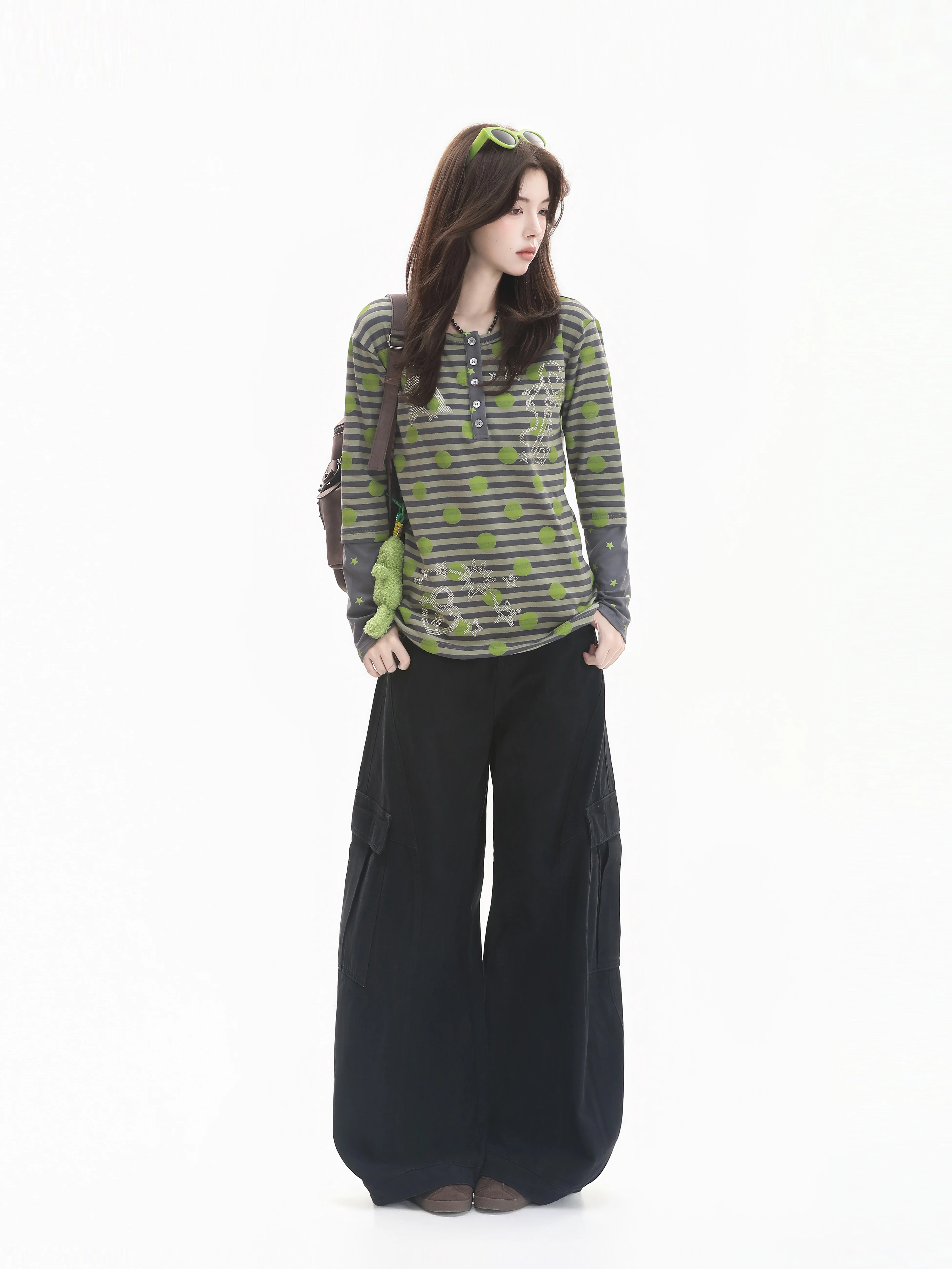 Y2K Spicy Girl Design Contrast Color Polka Dot Striped Long Sleeve Women's Lightweight Polyester Slim Fit Printed T-Shirt