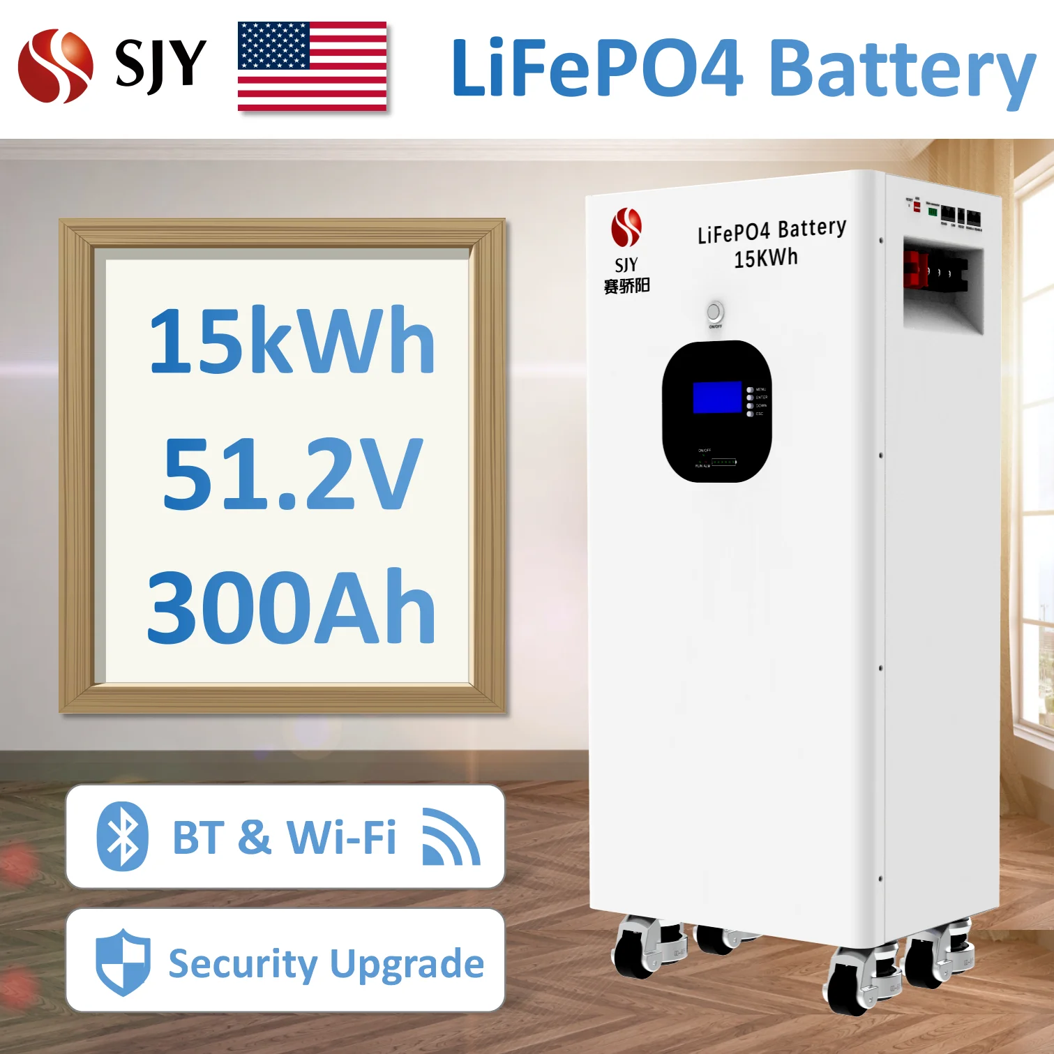 48V 51.2V 300Ah 15kWh LiFePO4 Solar Battery, 10000 Deep Cycles, WiFi Bluetooth Monitoring, for Residential PV & Off-Grid Systems