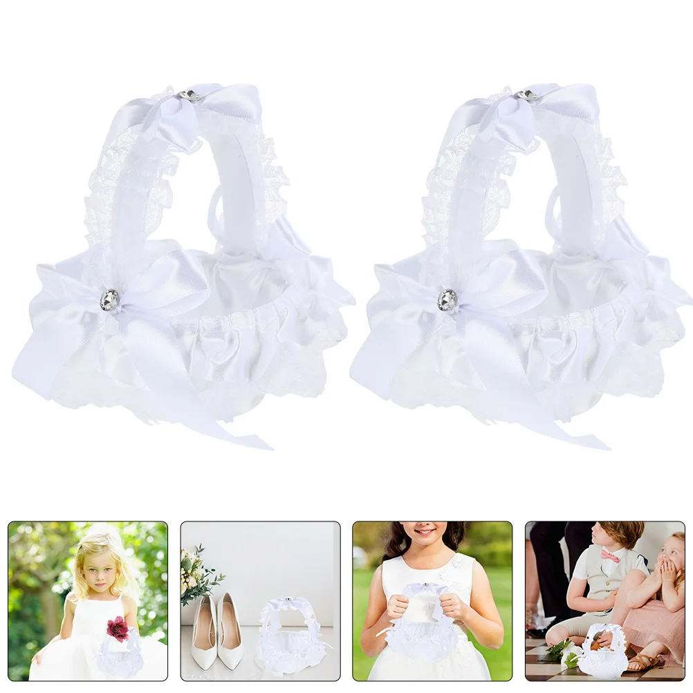 

2pcs Lace Flower Basket For Wedding Flower Girl Petal Storage Handheld Basket Party Decoration Accessory Decorative Storage