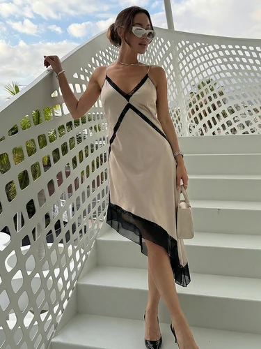 Imagen 2 del producto HH Primavera Verano mujeres satén asimétrico Sling Midi vestido moda Sexy cuello pico espalda descubierta sin mangas ajustado mujer fiesta vestidos de playa