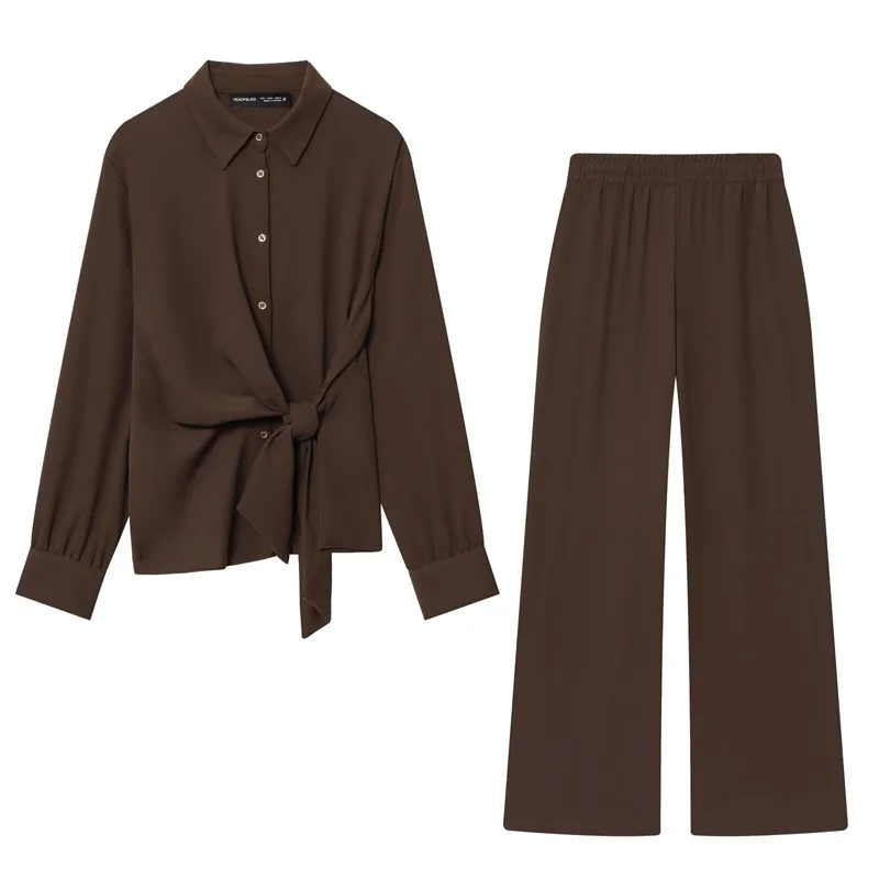 Women's Suit 2025 Autumn New Style Brown Long Sleeve Knotted Decorated Shirt and Wide Leg Trousers Suit Fashionable and Unique