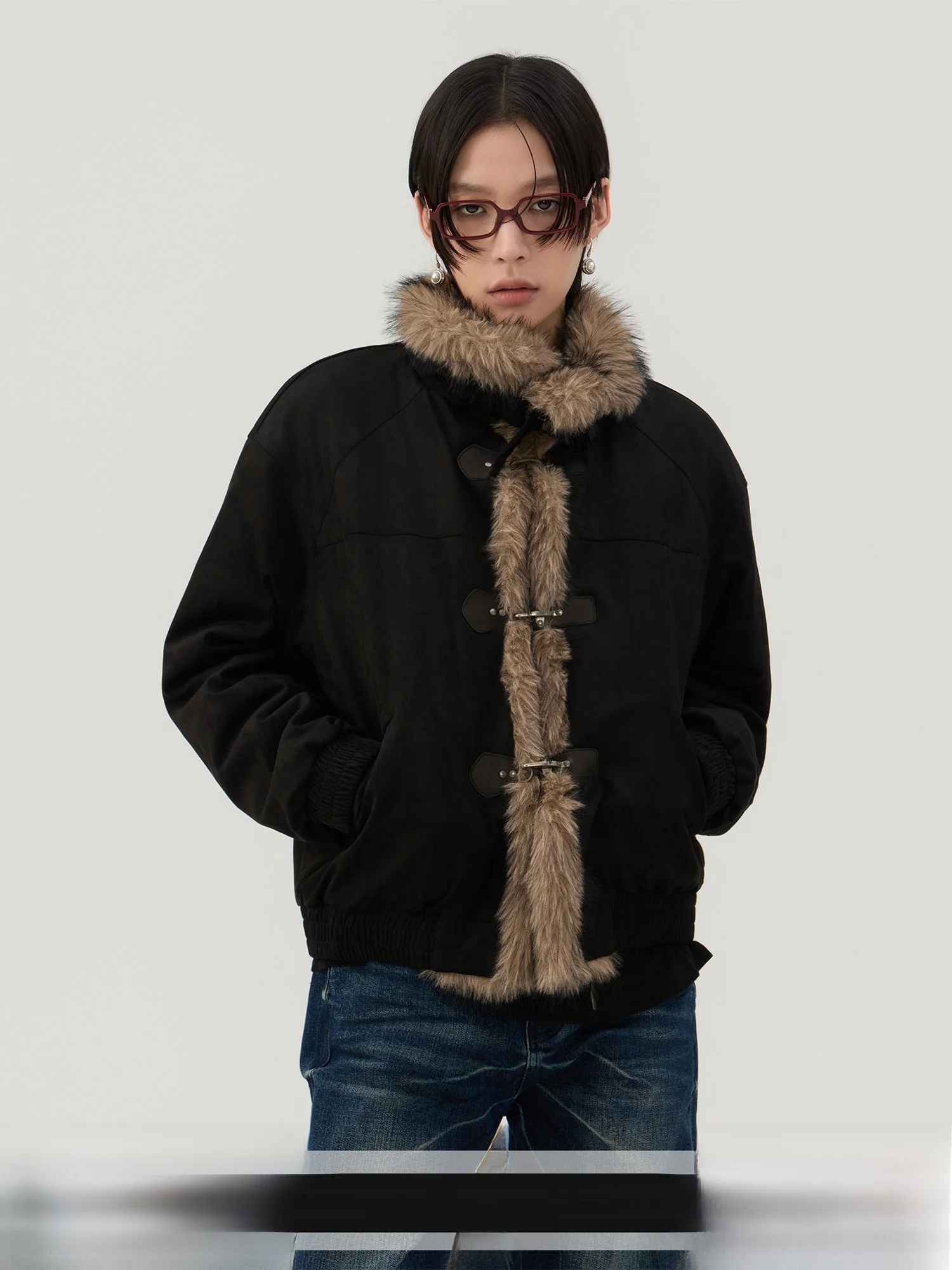 

Sameuoo Neutral Sle Loose Fit ort Jaet with Fur Collar Workwear Cotton Coat eepskin Leather Warm Airplane Bule