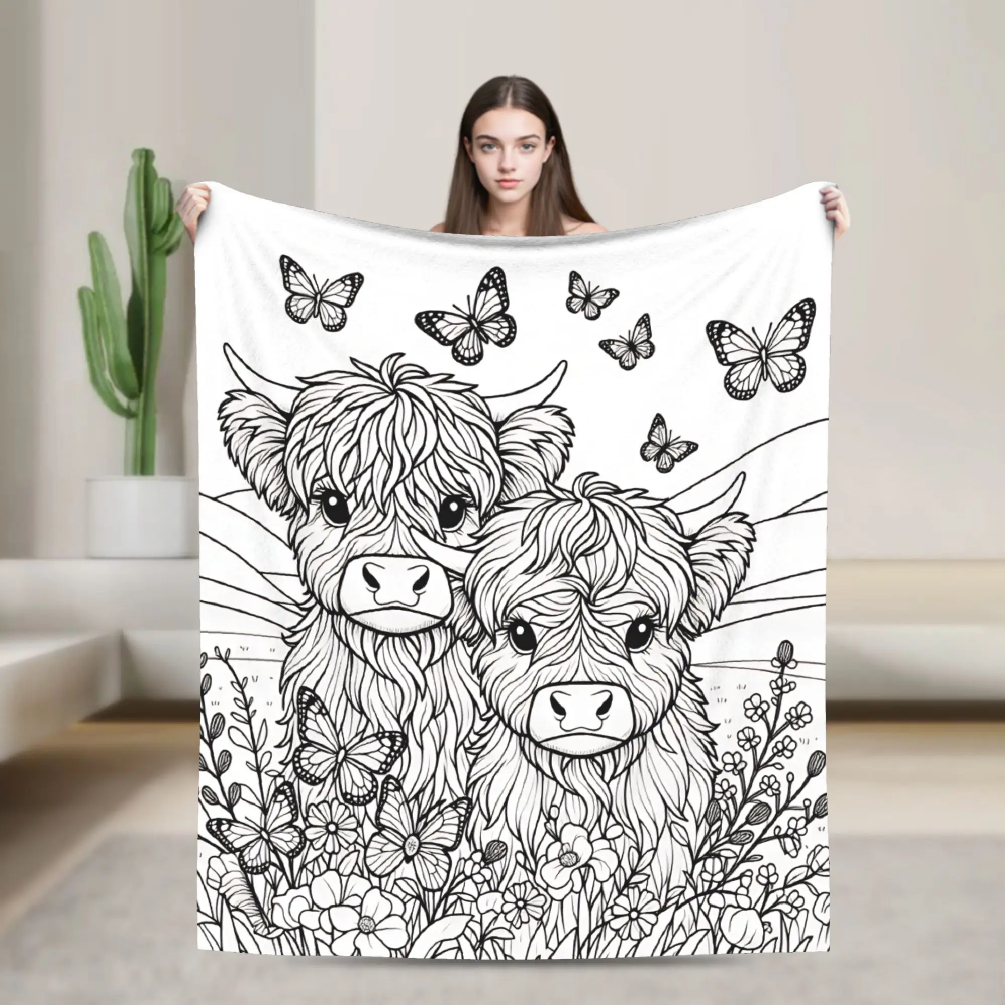 Cute Two Highland Cows With Butterflies And Flowers Warm Cozy Blanket For Outdoor  Novelty Throw Blanket Spring Plane Bedspread