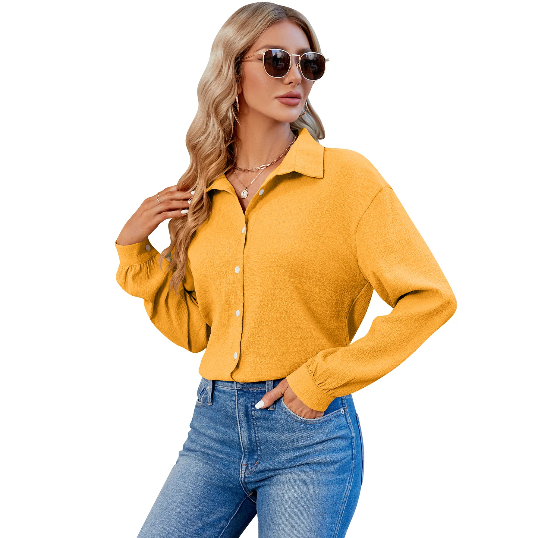 YJKDYK 2024 Spring Autumn Women\'s Blouses Women\'s Top With Sleeves Female Solid Color Bubble Wrinkled Commute Loose Shirt Top