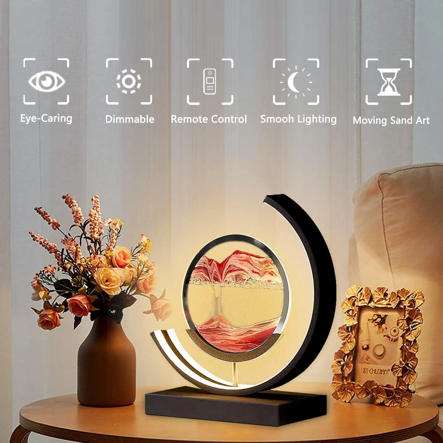 3D LED Creative Quicksand Art Sand Painting Lamp with Remote Control 360° Rotatable Hourglass Table Lamp Bedroom Home Decoration