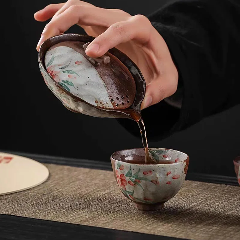 HYS hand-painted small floral retro cover bowl ceramic kung fu tea set single high-end hand-held pot large-capacity treasure