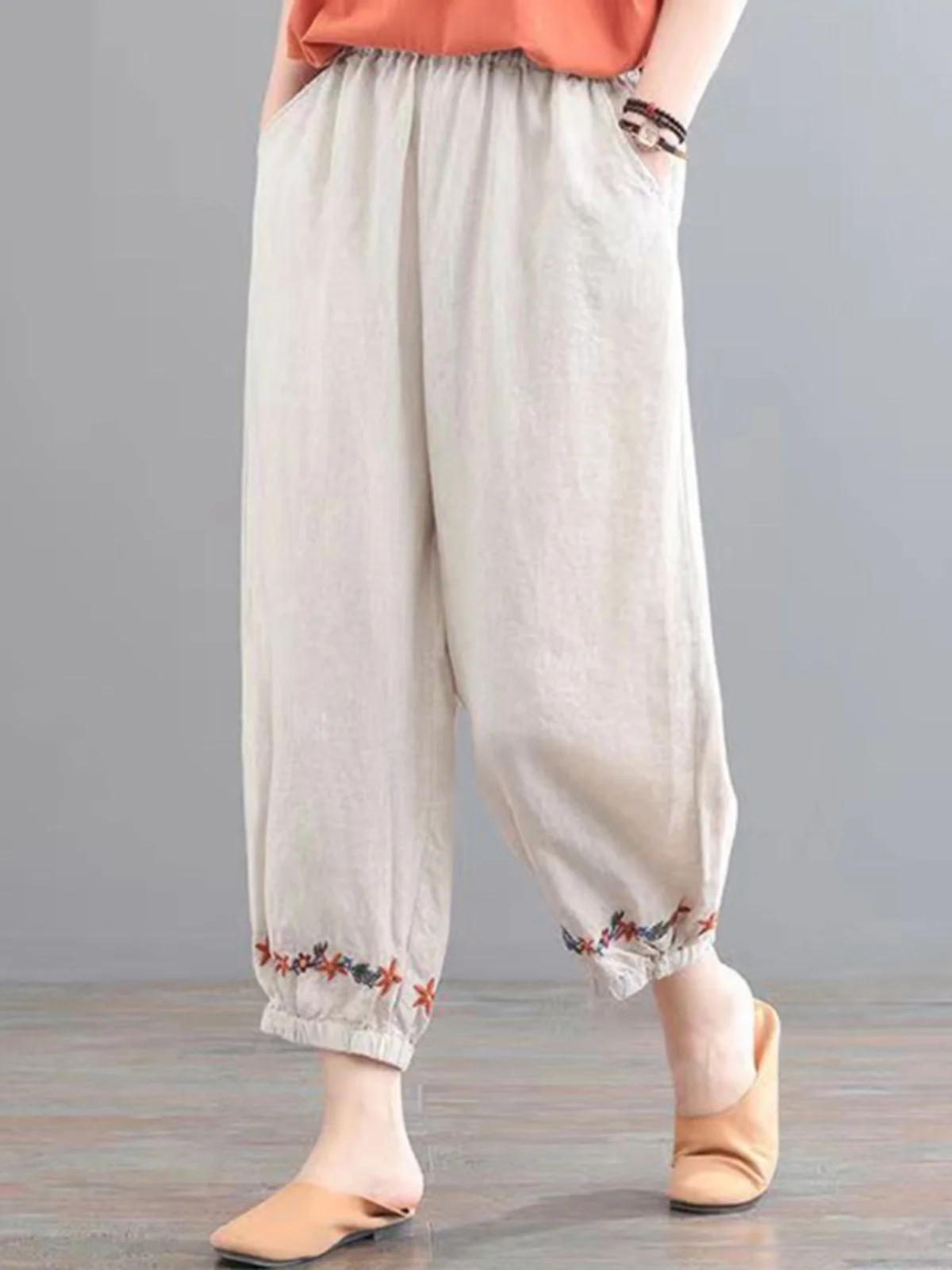

Linen Embroidered Harem Pants Women's Spring Summer Loose Mom Chinese Large Size Nine Points Wide Leg Cotton Linen Trousers