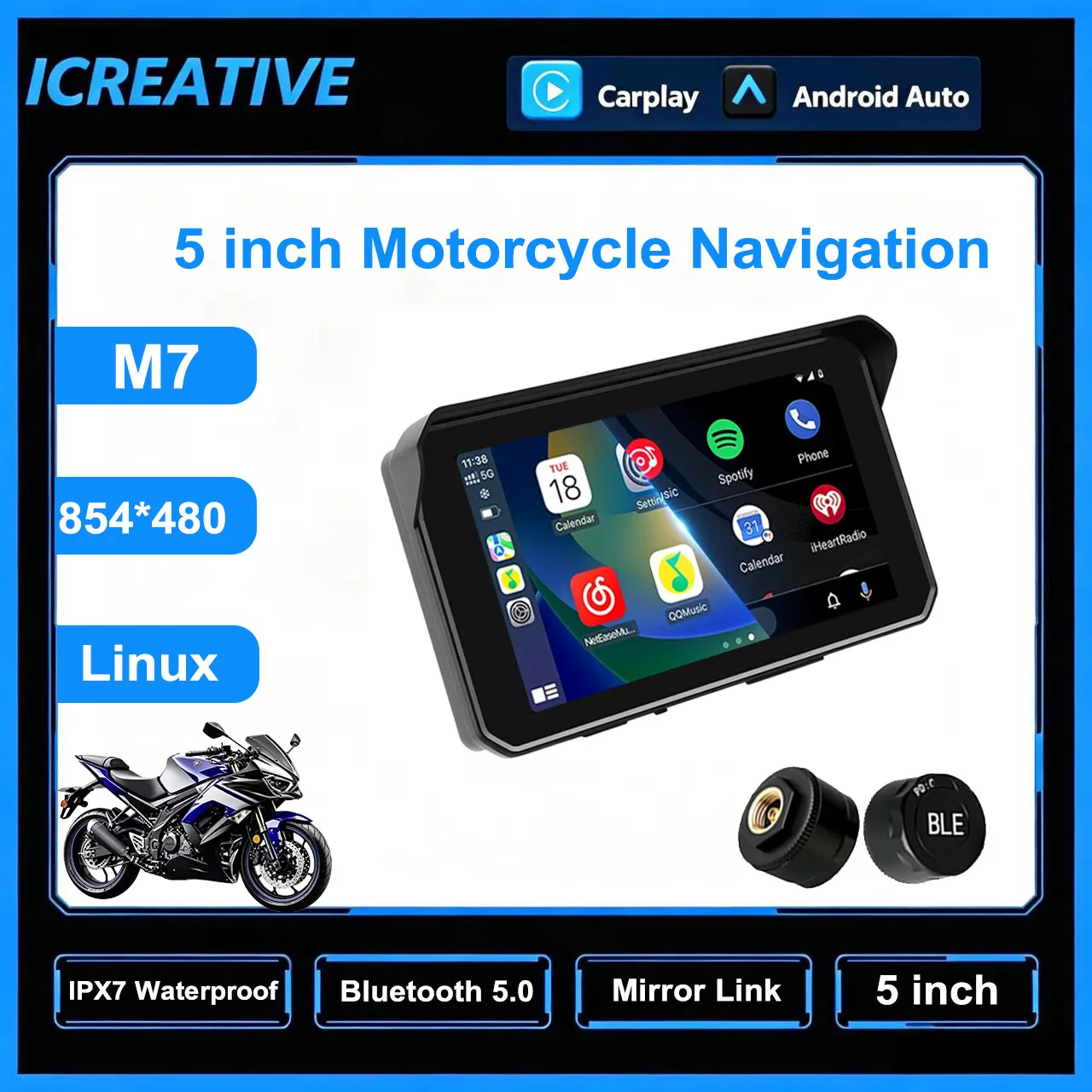 GPS de navigation pour moto de 5 pouces, stéréo sans fil, CarPlay, Android Auto, Linux, écran étanche IPX7, moniteur portable pour moto