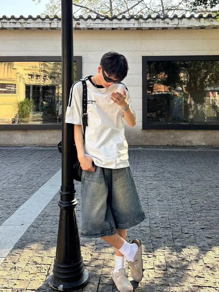 Homens jeans denim baggy predominante hip hop slouchy retro verão nova chegada confortável all-match estilo americano preppy jovem