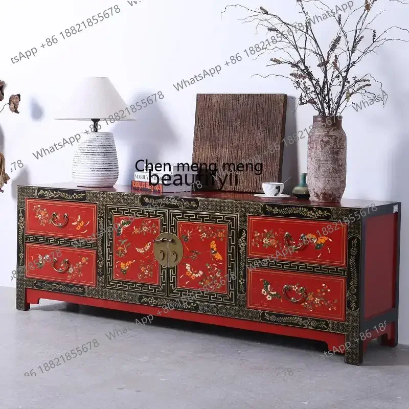 

ss8350 New Chinese-style painted TV cabinet, living room floor cabinet, solid wood antique storage, retro side cabinet furniture