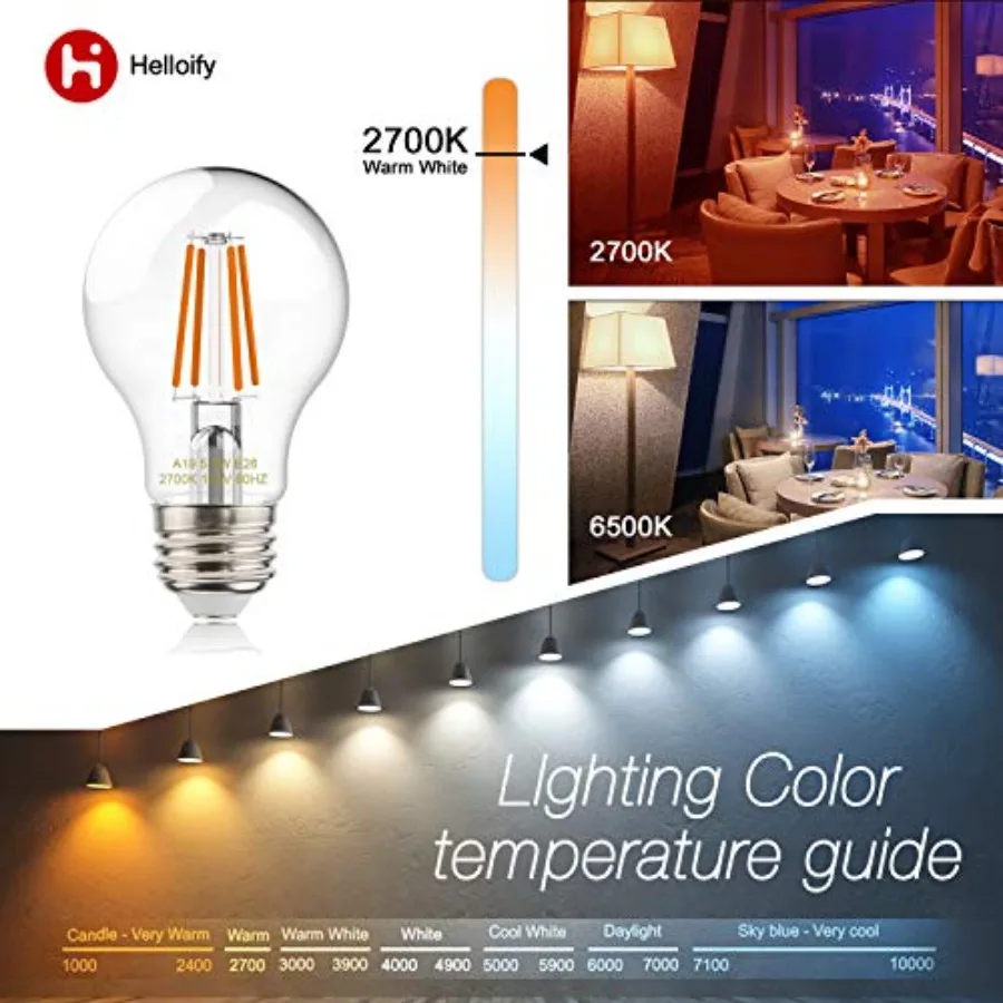A19 LED Filament Bulbs, 60W Equivalent, Edison Vintage Dimmable Energy Efficient Lamp for Pendant Wall Light Fixtures Office Be