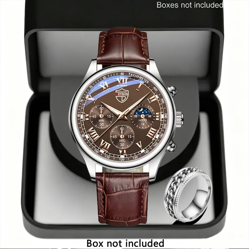 2Pcs Men Watch & Ring Set, PU Leather Strap Quartz Wristwatch Fashion Accessory Gift for Father Friend Brother