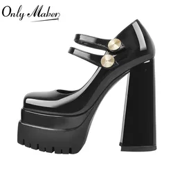 Onlymaker Women Pumps Mary-Jane Platform Black Pink Chunky 16CM High Heels Ankle Strap Dress Party Hoof Heel Plus Size Shoes