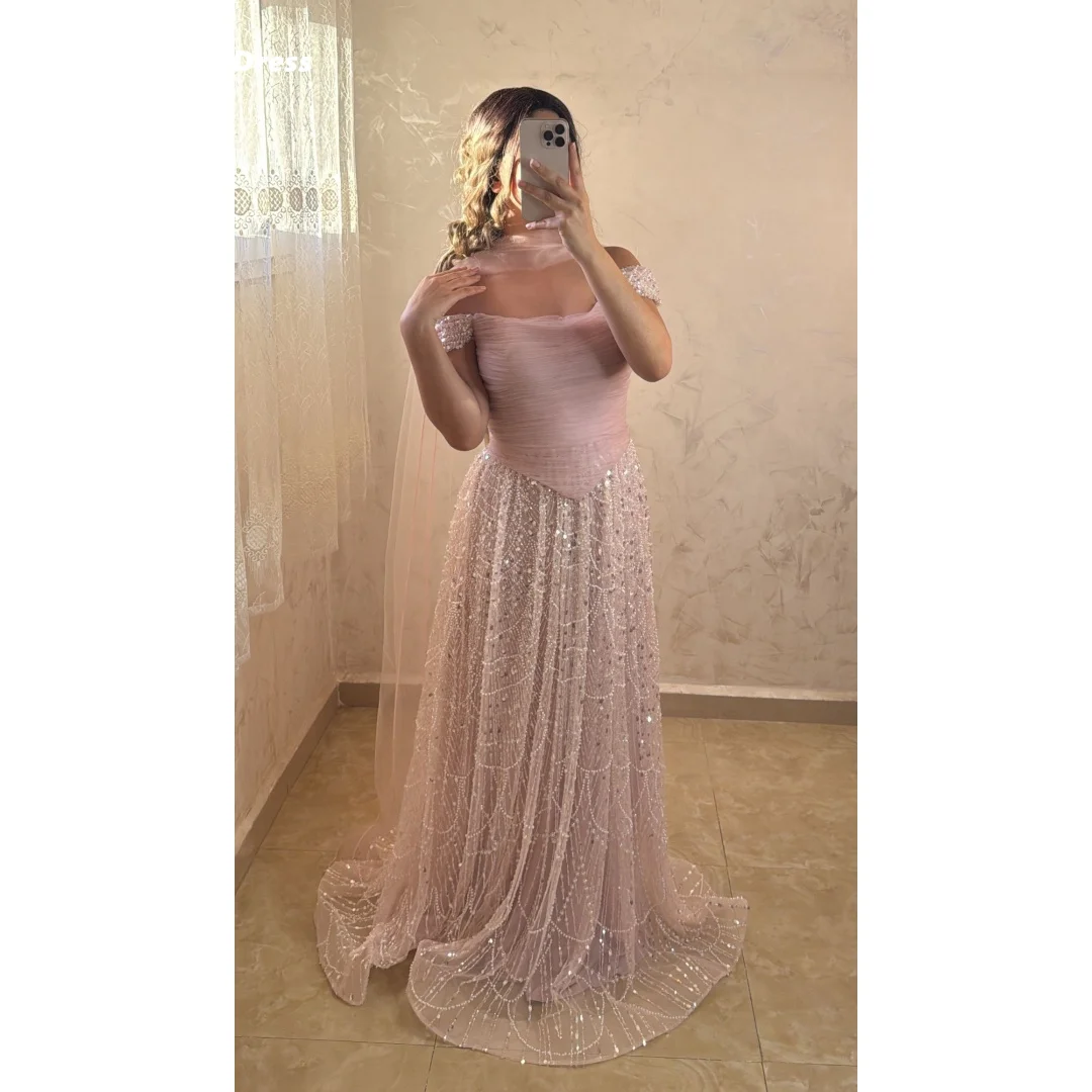 Lena Line A Maßgeschneiderte Anlasskleider für besondere Anlässe, Schal-Abendkleid, Perlen, elegante Partykleider 2025, Luxus-Abschlussball für Damen