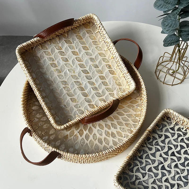 Nordic Handwoven Rattan Shell Decor Tray, Multipurpose Woven Platter for Fruit Dessert Bread Snack Picnic Home Use