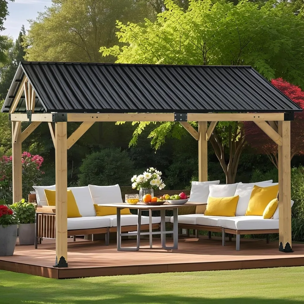

Wood Gazebo 10x12 FT – with Wood Frame for Outdoor– Gable Roof Pavilion,Hardtop Metal Roof Patio Gazebo