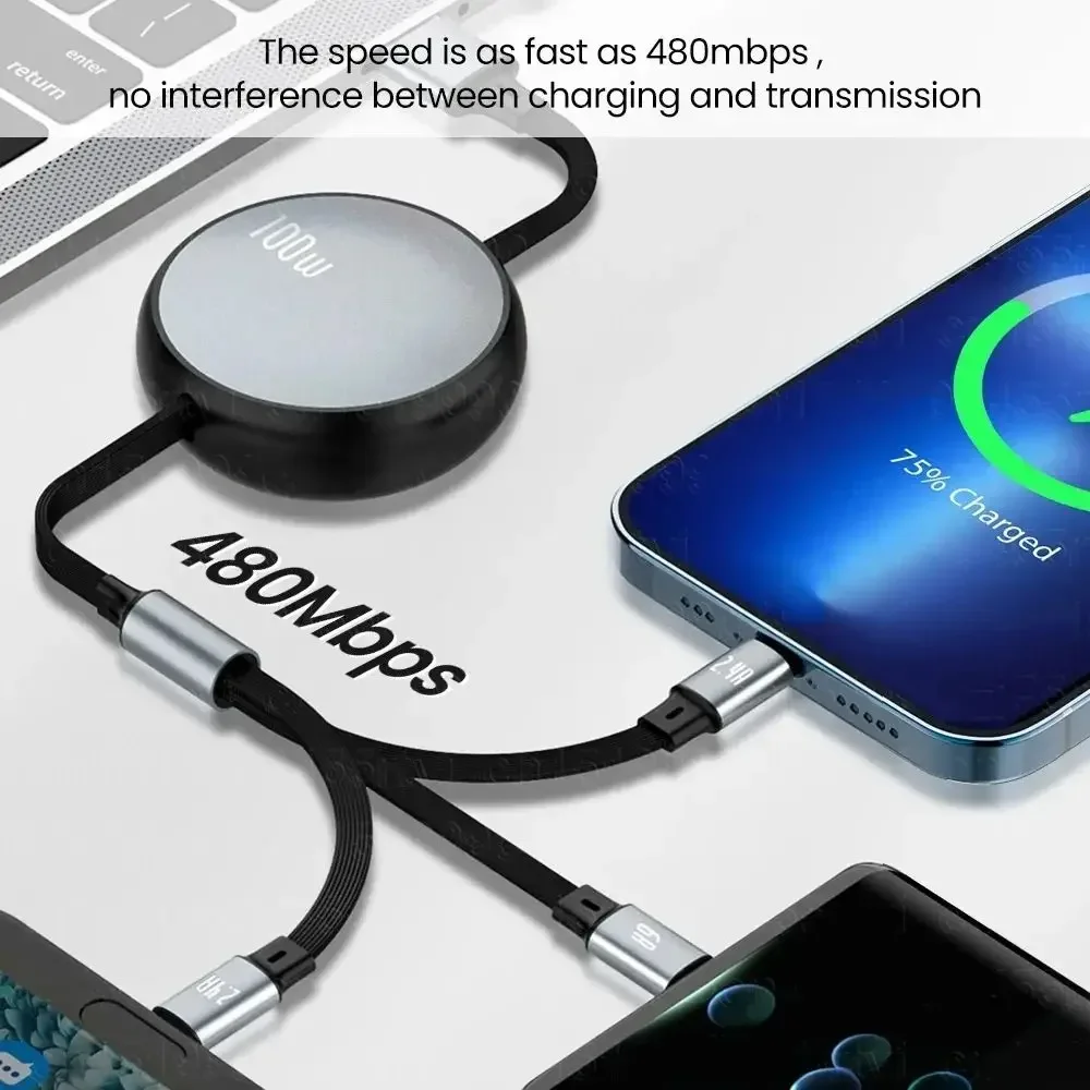 3in1 Retractable 6A 100W USB Cable for iPhone 14 13 12- USB To 8 pin/Type C/Micro Fast Charge Cable for Huawei Data Cable image 4
