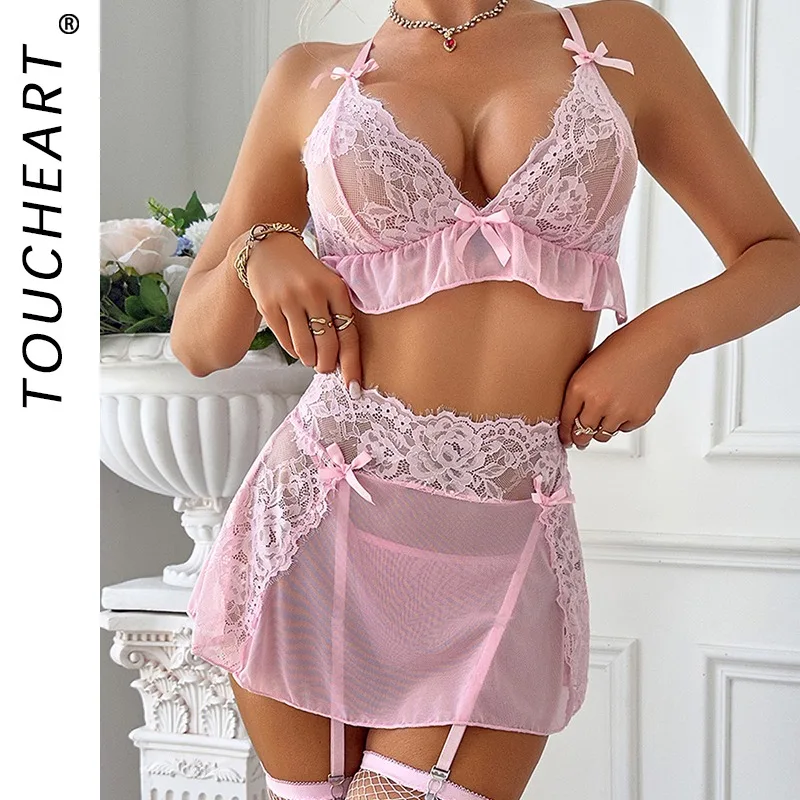 

Toucheart 3PCS Lace Thin Model Sexy Underwear Thong Set Bow Knot Lace Up See-through Hollow Out Interesting Mesh Underwear Set