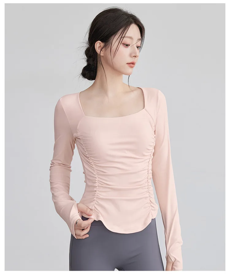 Neues Langarm-Fitness-Oberteil mit Rücken-Schlank-Effekt, Plissierter Taille, Elastischem Brustpolster, Yoga-Pilates-Fitness-Top, Schlankheitskleidung – Detail 2