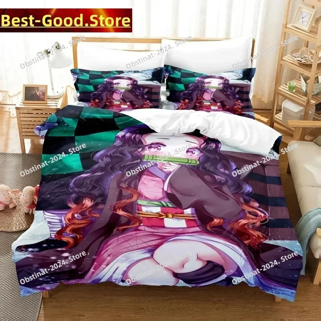 Top Anime Nezuko Kamado Demon Slayer Bedding Set Boys Girls Twin Queen King Size Duvet Cover Pillowcase Bed boys Adult Bedroom
