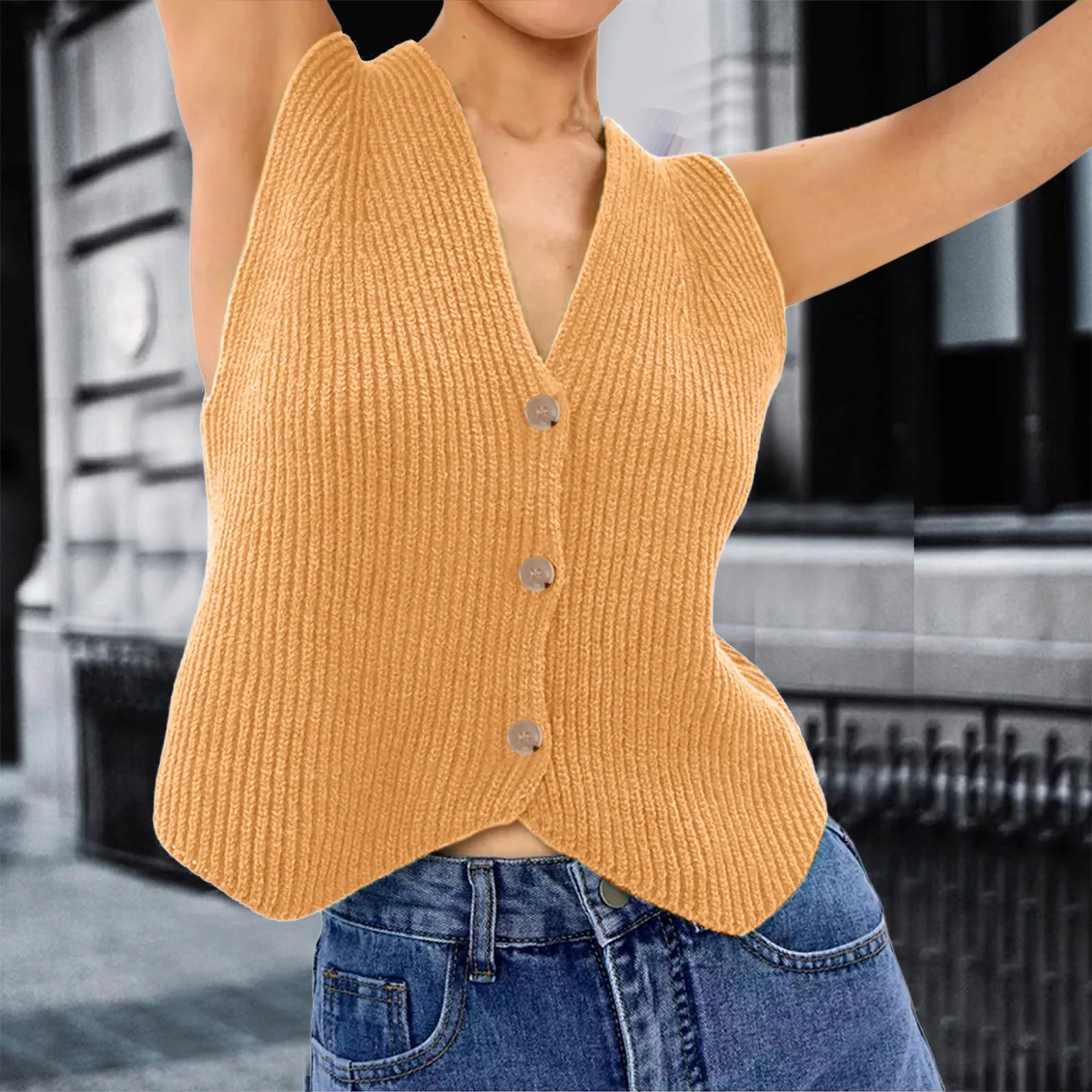 2024 Fashion Casual Sleeveless Women Knitted Vest Loose Button Down V Neck Stripe Fashion Tops Sexy Club Party Vest Sweater