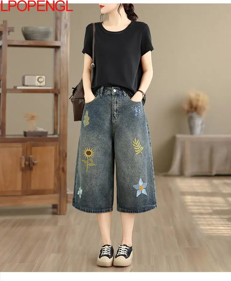 2026 Fashionable High Waisted Embroidered Seven Quarter Pants Women Summer Retro Washed Versatile Casual Straight Wide Leg Jeans