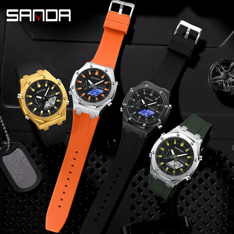 Sanda 3309 Nieuwe Heren Horloge Elektrische Multifunctionele Mode Trend Buiten Lichtgevende Wekker Waterdichte Schokbestendige Mannelijke Horloges