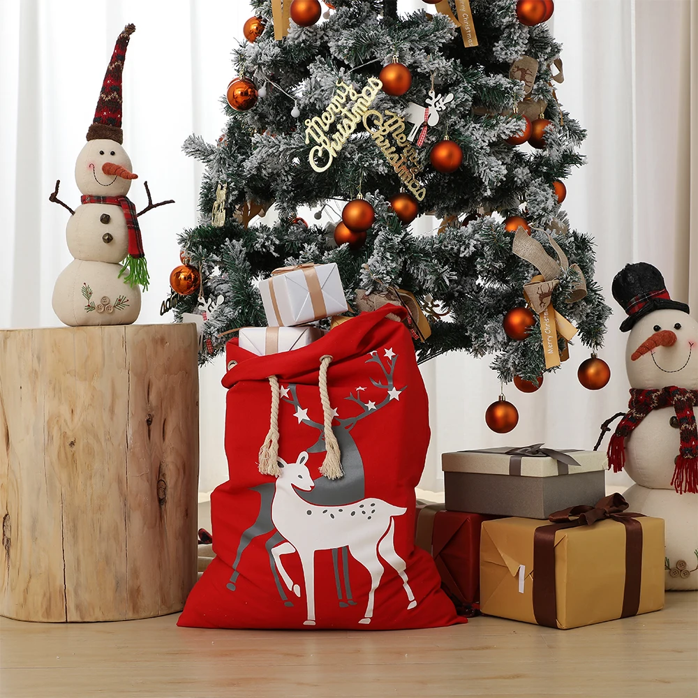 Christmas Santa Sack Large Red Reindeer Canvas Bag With Drawstring Reusable Candy Gifts Bag Party Favors For Xmas Storage
