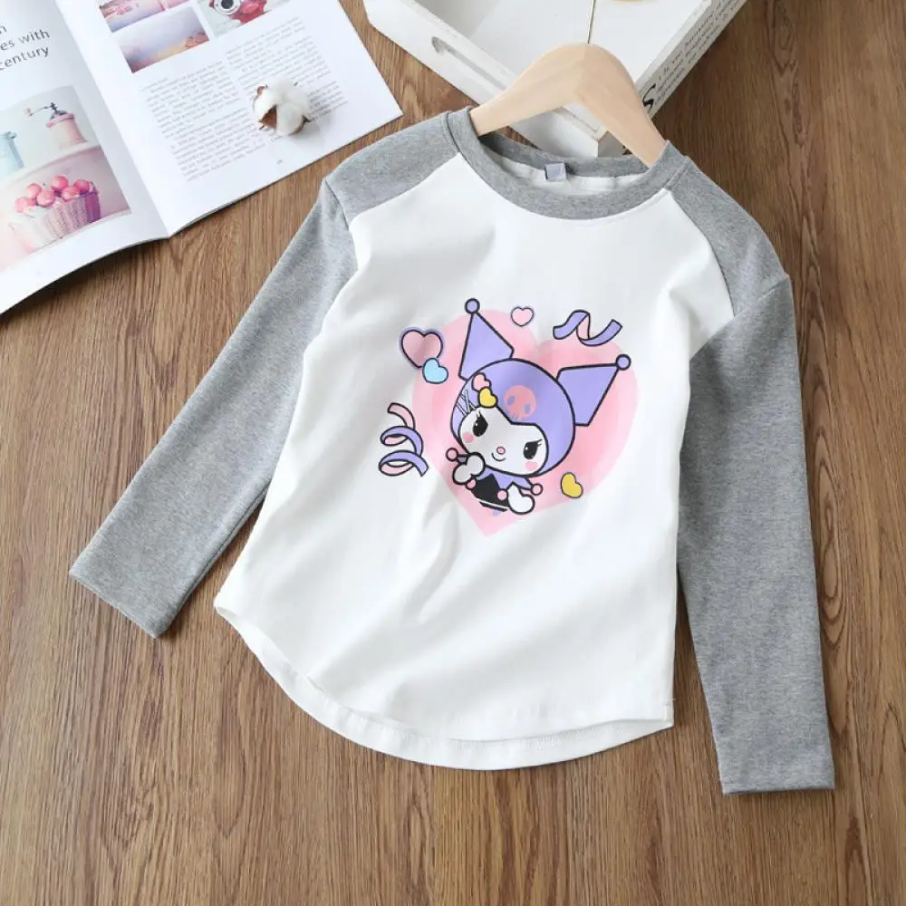 Kuromi Children T-Shirt Sanrio Spring New Girls Cute Cartoon Long Sleeve Cotton Tees Kawaii Kids Multiple Colors Loose Clothing