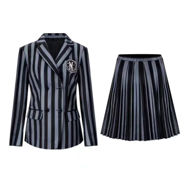 Costume de Cosplay de la Famille du Mercredi Addams, Uniforme Sвpour Adulte et Enfant, Veste et Jupe Imbibés, Vêtements de ixd'Halloween pour Femme