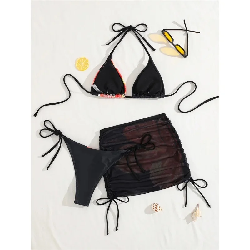 Vintage Flower Print Bikini Set Women Swimwear Sexy Triangle Lace Up Micro Bikini Skirt Cover Up 2025 New Bathing Suit 3 Piece