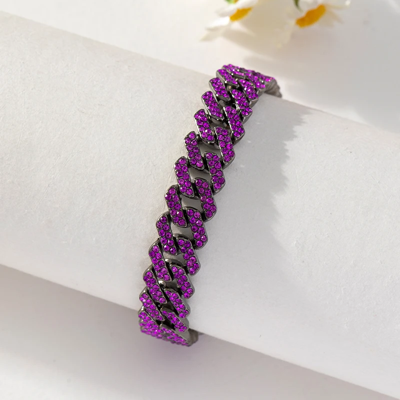 HipHop Men Women Purple Bracelet Black Color Plated Rhinestone Cuban Link Chain Bracelets Wristband Fashion Jewelry Gift