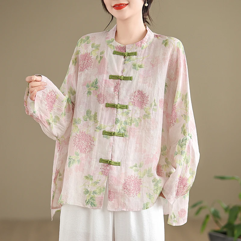 Linen Printed Buckle Chinese Style Tops Women\'s 2024 Spring New Retro Loose Oversized Elegant Casual Mid-length Tang suit Shirt