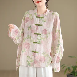 Linen Printed Buckle Chinese Style Tops Women's 2024 Spring New Retro Loose Oversized Elegant Casual Mid-length Tang suit Shirt