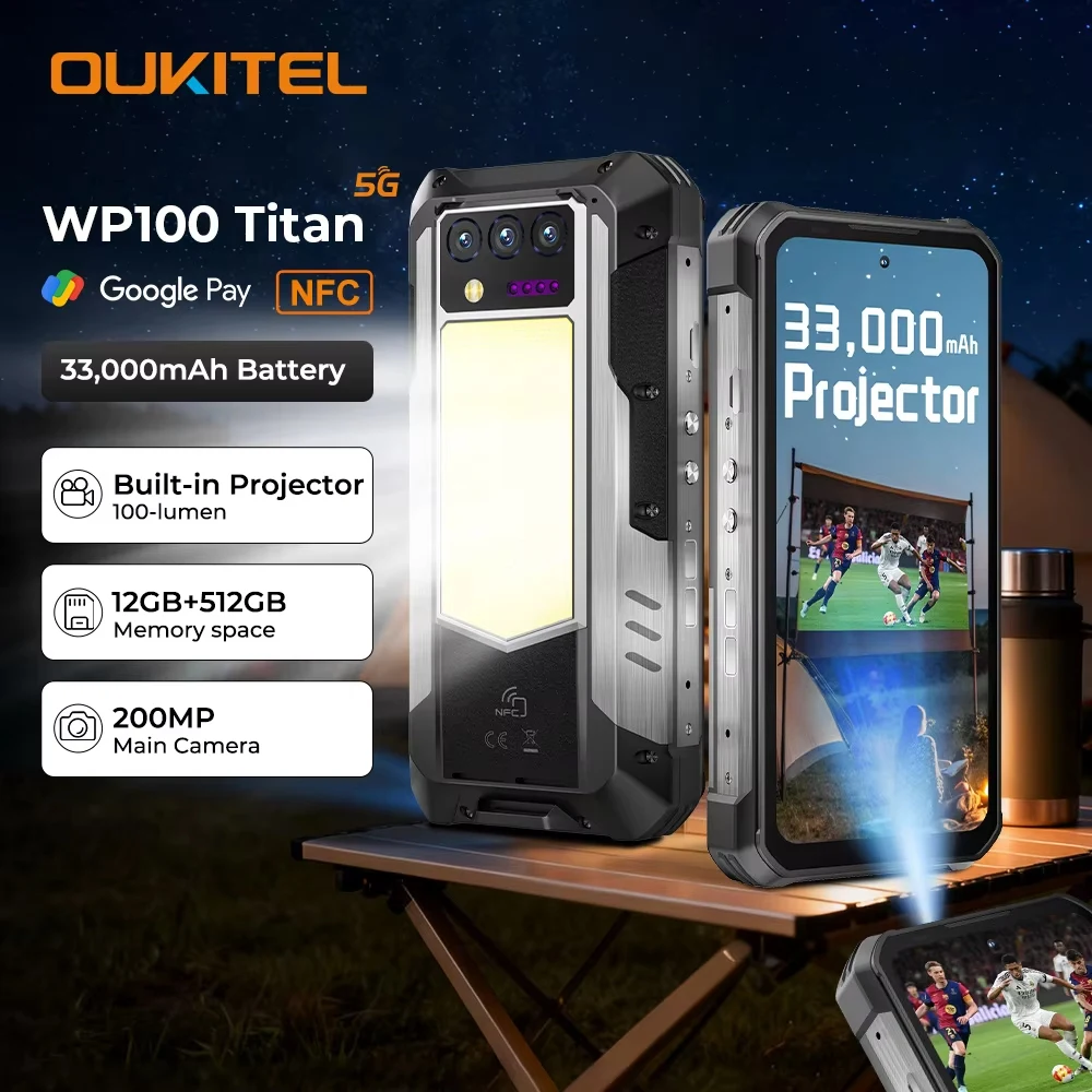 Oukitel WP100 Titan Rugged Phone 33000mAh 66W Charger 200MP Camera Built-in Projector Camping Light 120Hz NFC 5G CellPhone