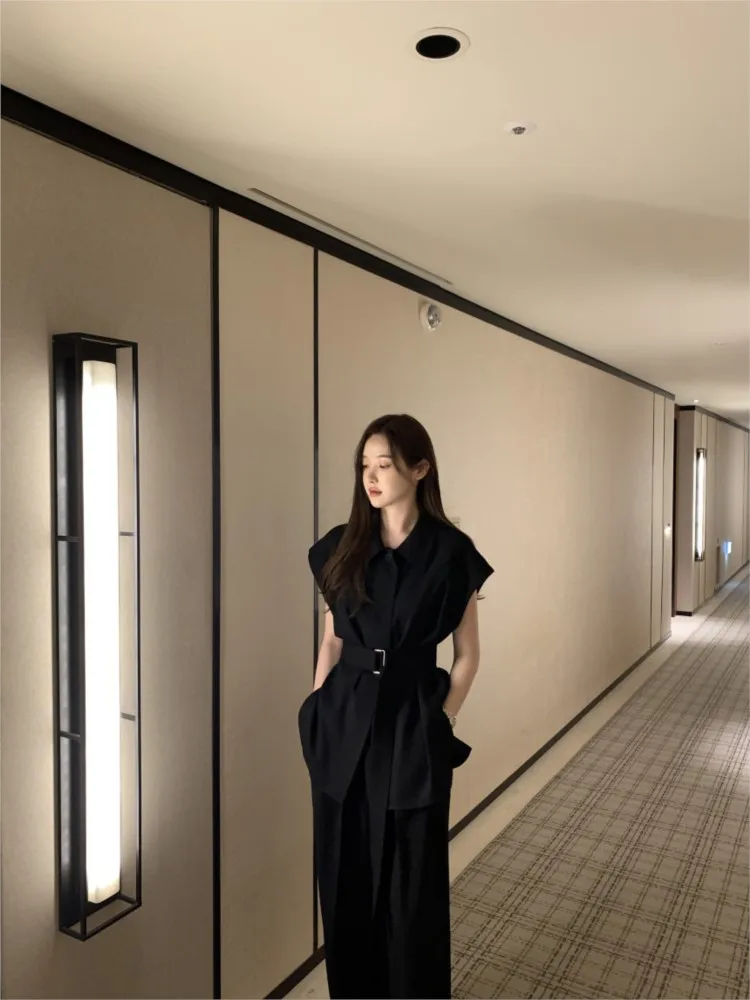 Summer 2 Two Piece Set Women Korean Style Loose Pleated Ladies Sleeveless Shirts High Waist Fashion Wide Leg Woman Long Pants