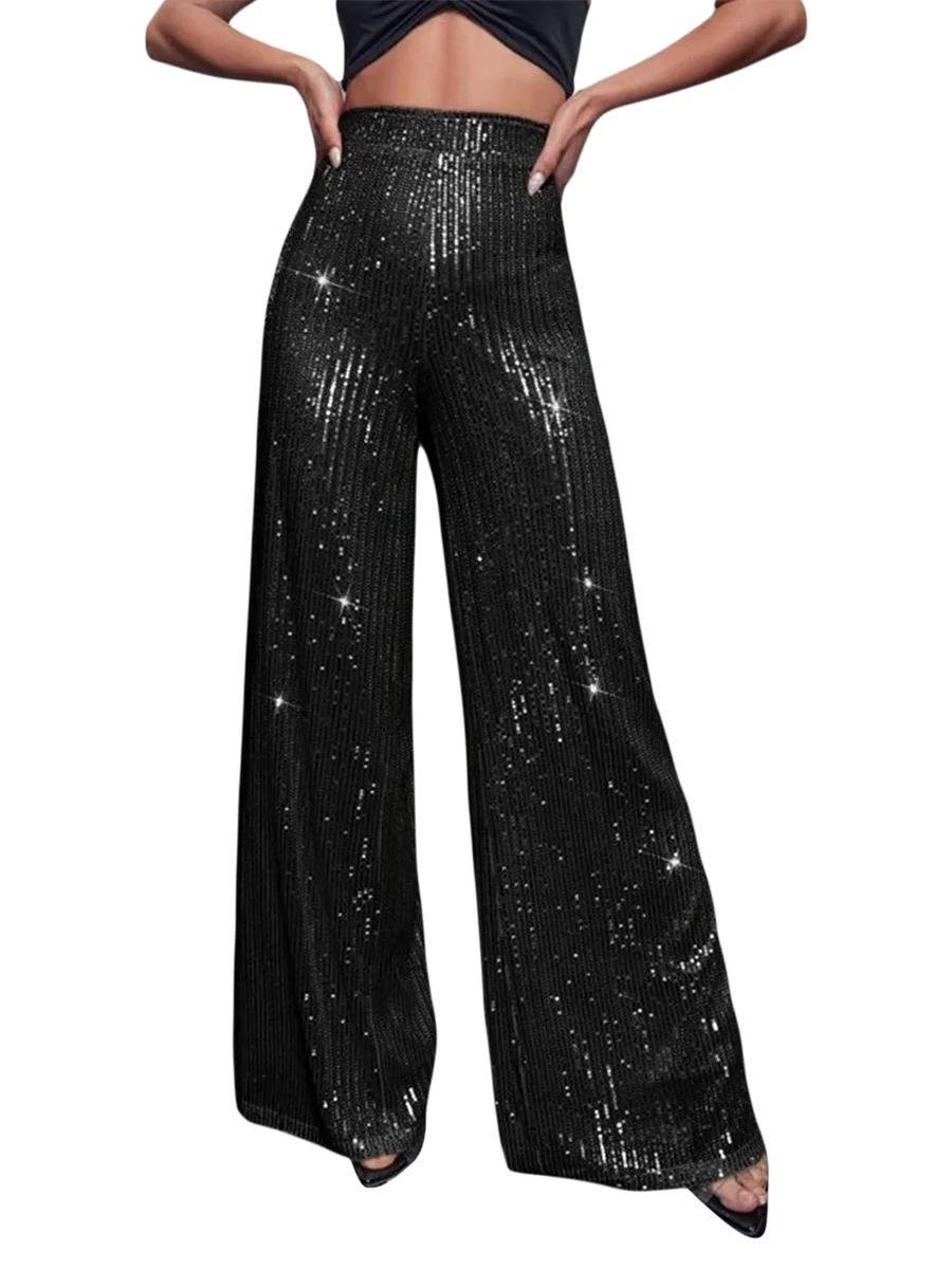 

Women Sequin Flare Pants Sparkly High Waist Wide Leg Bell-bottom Trousers Slim Party Club Shiny Pants Clubwear