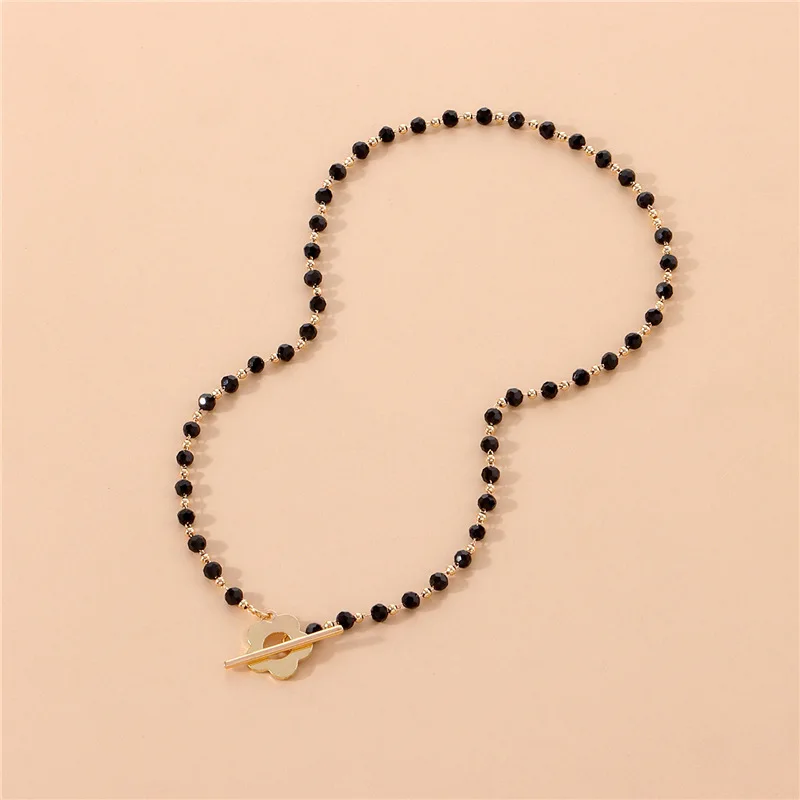 LATS 2022 Fashion Luxury OT Buckle Crystal Glass Bead Chain Choker Necklace for Women Flower Lariat Lock Collar Necklace Gifts