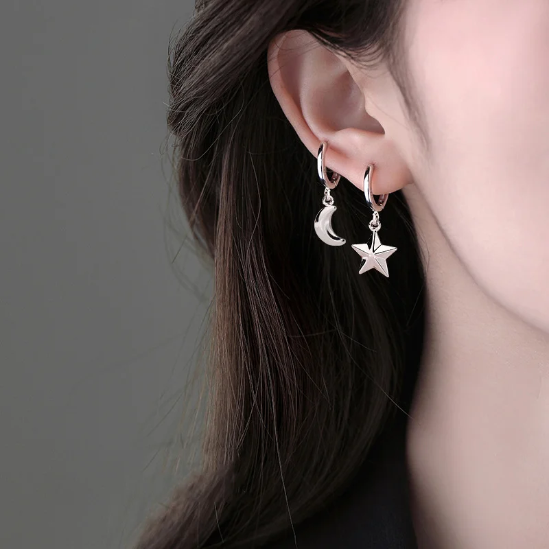 Fashion Silver Plated asymmetry Star Moon Hoop Earrings For Women Girls Wedding Jewelry Gift eh084