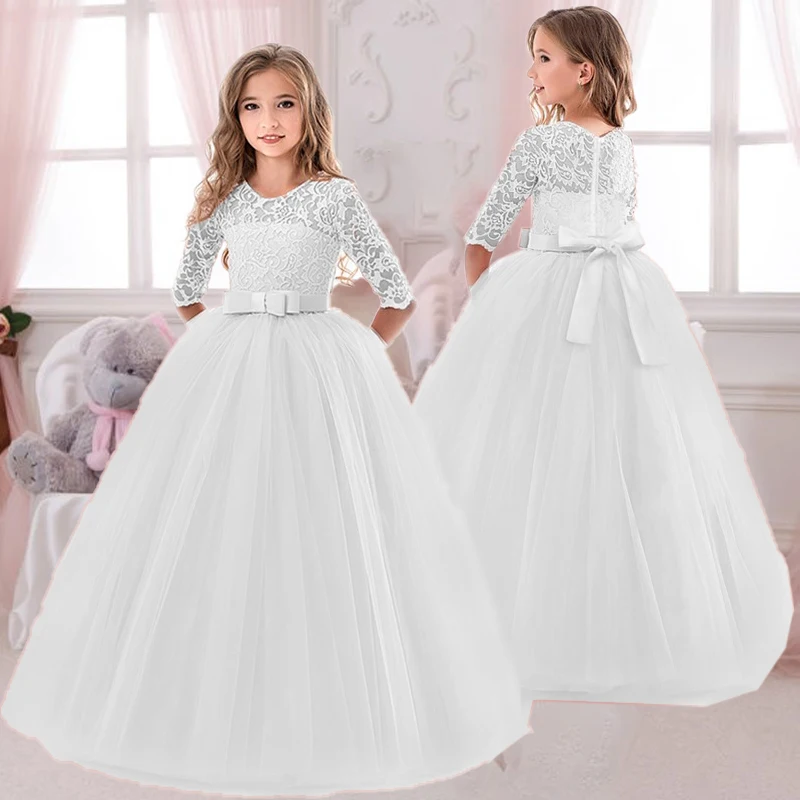 Teens White Lace Princess Bridesmaid Party Dresses Kids Dress For Girls Children Pageant Wedding Gown Evening Christmas Costume