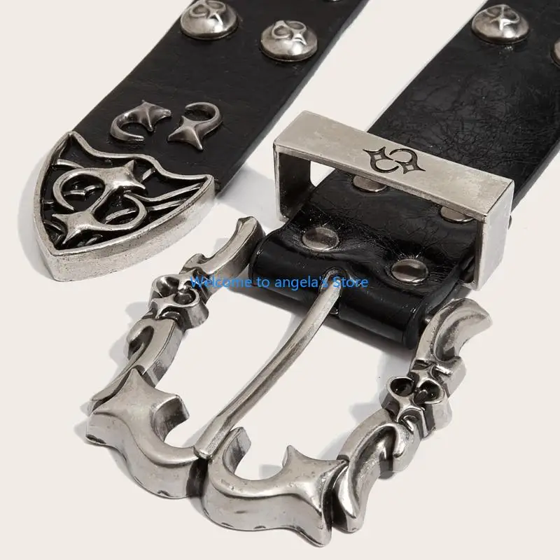 X4YC حزام مرصع للنساء قابل للتعديل بفتحة مزدوجة ومشبك نونسليب من جلد البولي يوريثان حزام الخصر على الطراز القوطي #3