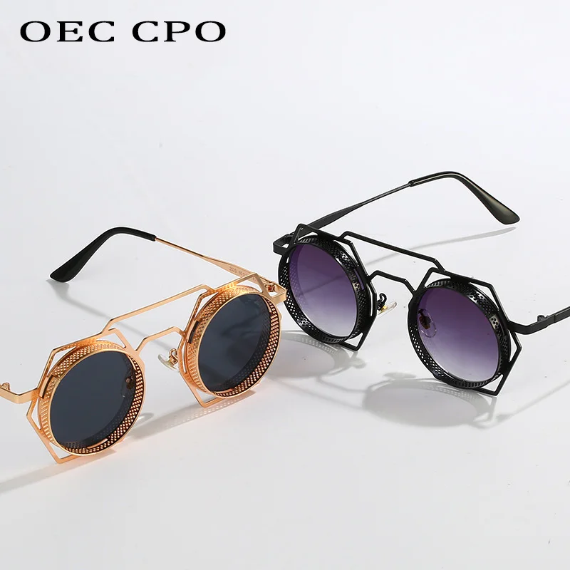 OEC CPO Steampunk Round Sunglasses Women Men 2023 Metal Mesh Personality Sun Glasses Female Eyewear Goggle UV400 Shades Oculos