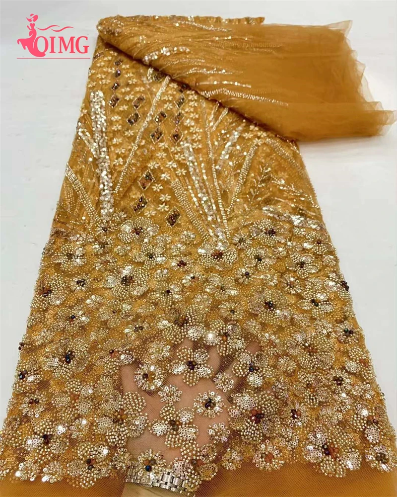 

OIMG 2024 Latest African Beaded Lace Fabric Gold Embroidery French Mesh Sequins Lace Fabric Nigerian Tulle Lace For Party