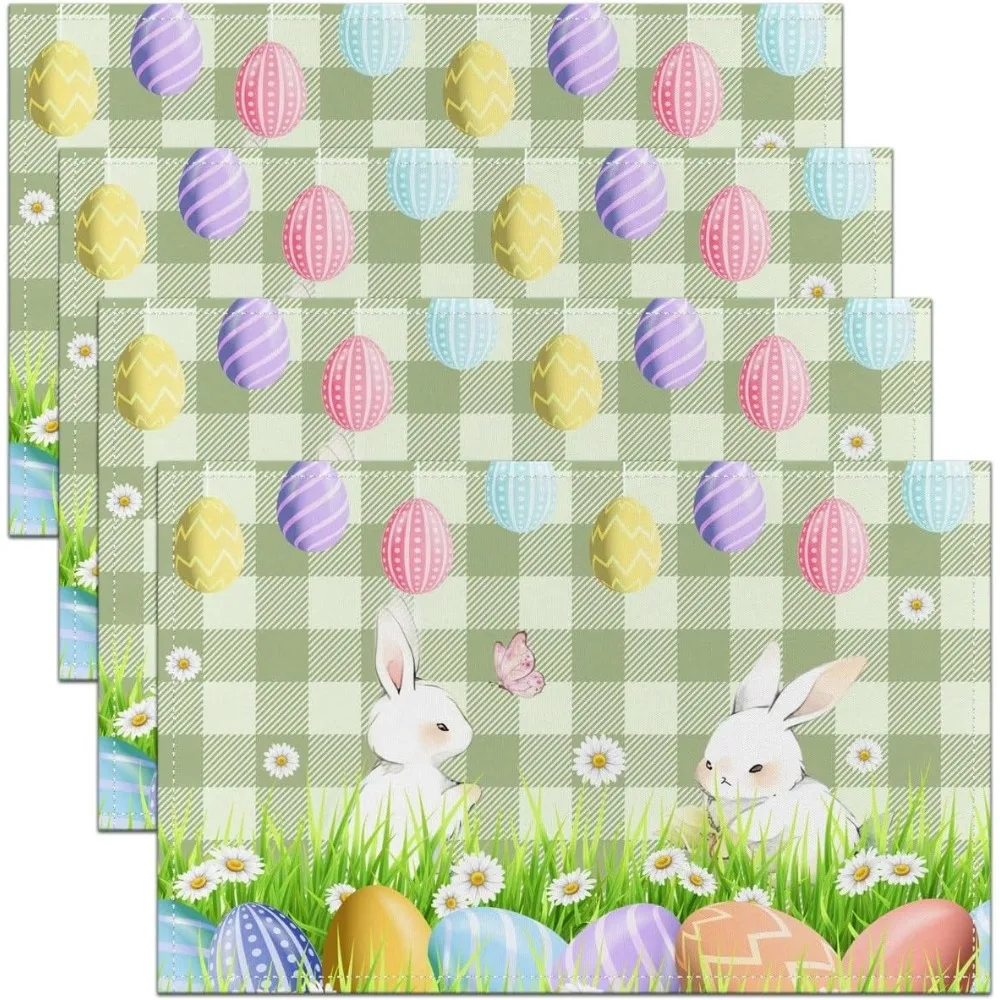 1PC Easter Egg Placemats Set, Cute White Rabbit Cartoon Animal Table Mats, Stylish Daisy Green Gingham, Rustic Kitchen Mats