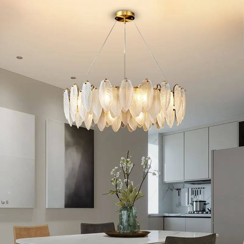 Dining Room Feather Chandelier Modern Crystal Round Chandelier Living Room Light Kitchen Hanging Light Interior Decorative Light