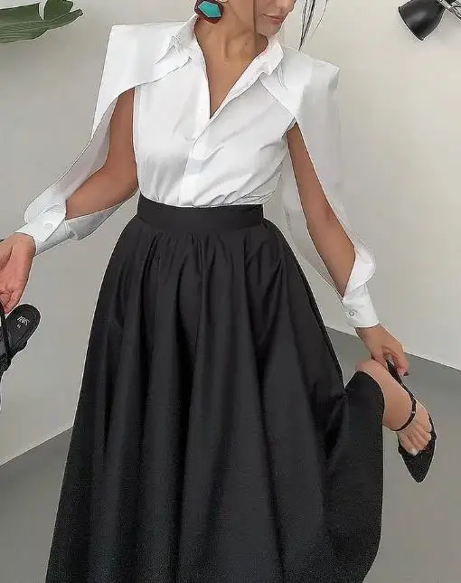 

Two Piece Set Women Outfit 2025 Spring Autumn New Solid Color Turn-Down Collar Long Sleeved Shirt & High Waist Long Skirt Set