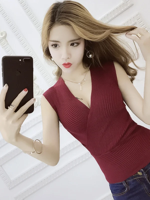 여성 니트 조끼 크로스 웨이스트 브이넥 슬림 핏 베이스 셔츠 통기성 캐주얼 고탄력