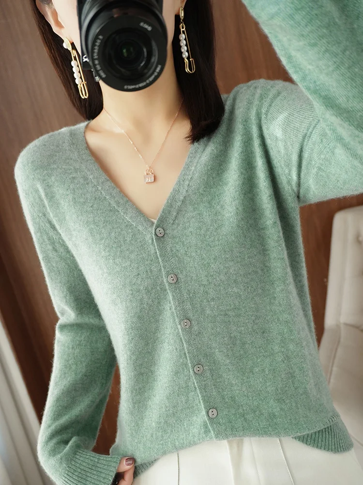 

Spring Autumn Women Female V-Neck Knitted ThinLong Sleeve Cardigan Sweater Soft Solid Comfortable Casual Clothing Top