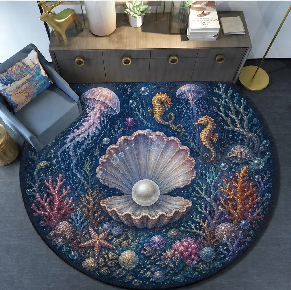 Ocean World circular carpet, beautiful seashells, starfish, jellyfish patterns, living room, bedroom, interior decoration mat