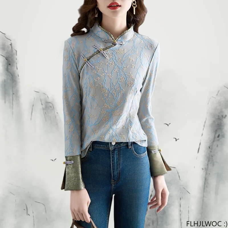 Chinese Style Chi-pao Collar Design Flower Lace Tops New Year 2024 Spring Women Date Girls Elegant Retro Shirt Blouse Vintage